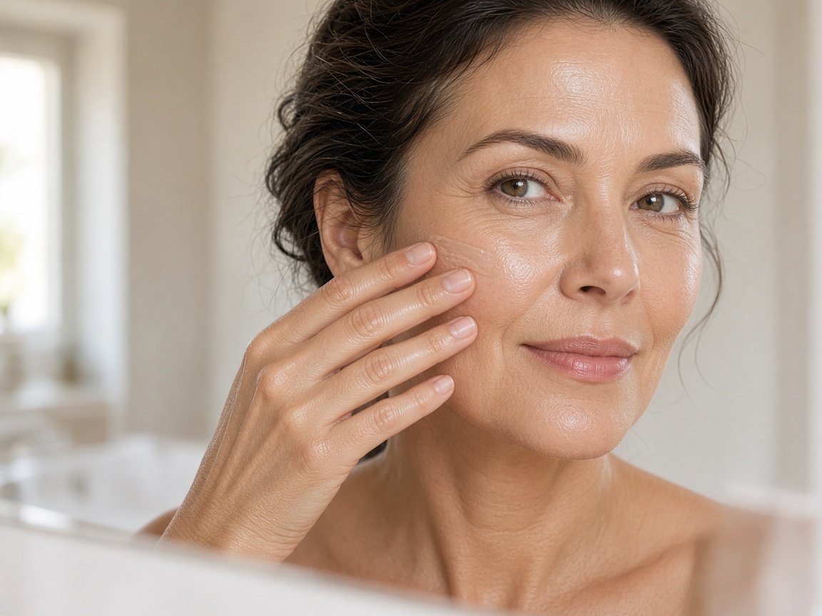 Close-up of a woman over 45 pressing vitamin c serum before makeup into her cheekbone at a bright bathroom mirror