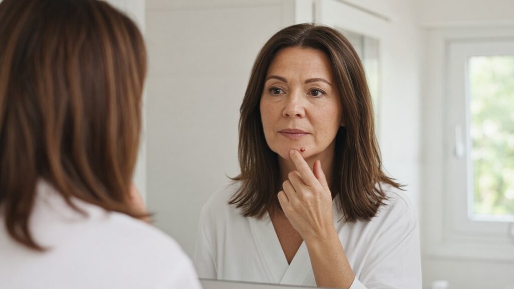 Woman in her 40s with shoulder-length brown hair checking a small blemish on her chin in a bathroom mirror, wondering about vitamin c serum breakouts