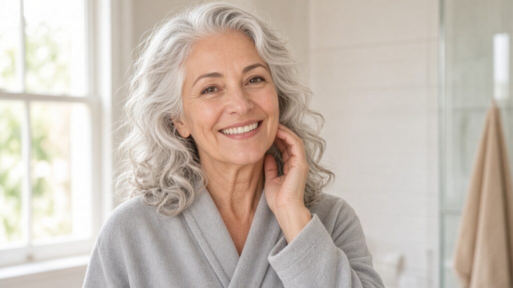 Smiling woman in her 50s with wavy silver hair and a gray robe touching the skin below her ear while checking for vitamin c serum breakouts