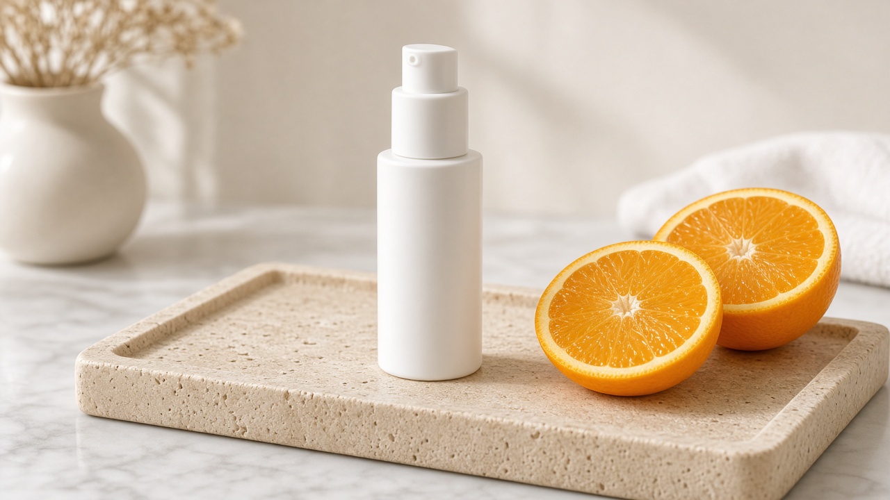 Vitamin C serum for acne scars in a white airless pump bottle on a beige stone vanity tray with fresh orange slices