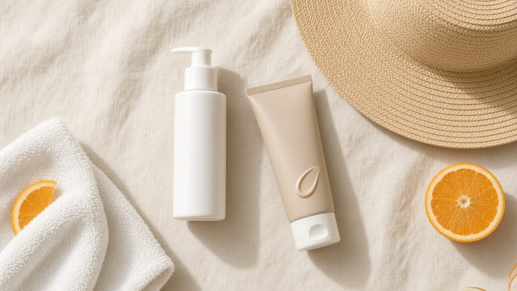 Vitamin C Serum for Melasma: 7 Proven Tips for Brighter Skin. Flat lay of a morning routine with vitamin C serum for melasma in a white airless pump, tinted sunscreen, and a wide-brim sun hat.