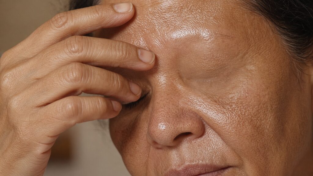 Vitamin C Serum for Oily Skin: 7 Proven Tips That Work. Close-up of a mature woman's shiny oily T-zone with visible pores on her forehead and nose as she touches her brow, a concern vitamin c serum for oily skin can support.