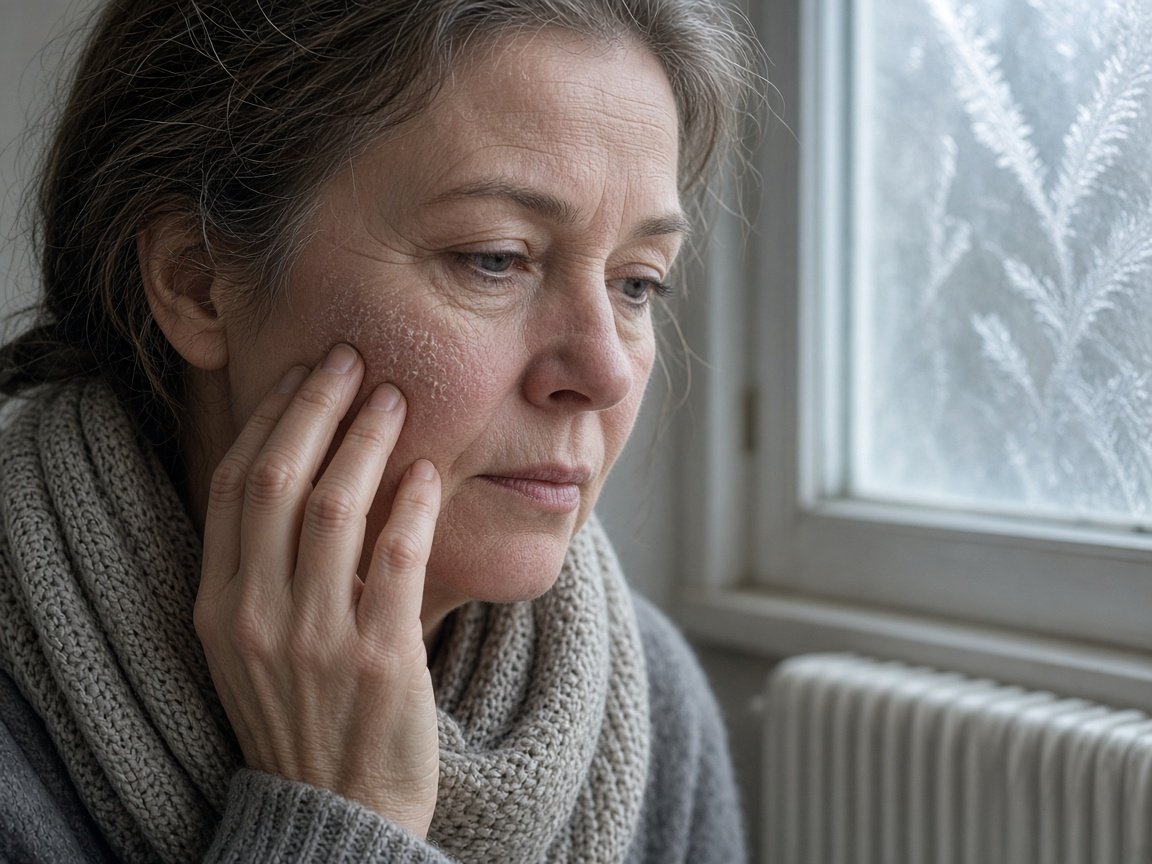 Close-up of a woman in her 50s touching dry, winter-chapped skin on her cheek by a frosty window, considering vitamin c serum in winter